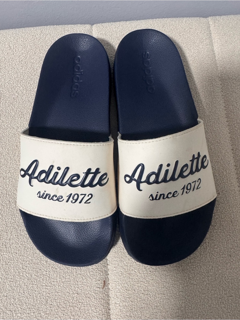 adidas Adilette Slides in Navy and White